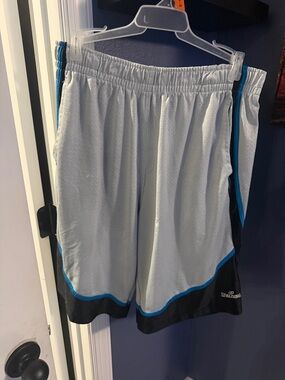 Spalding Men’s Light Gray Athletic Shorts with Black and Blue Accents